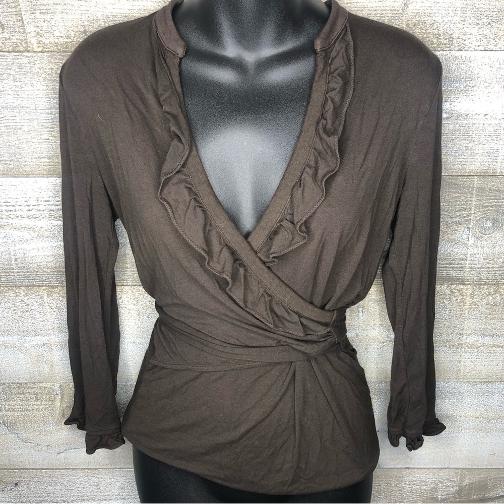 Ann Taylor brown ruffle wrap top spandex rayon dress career office top